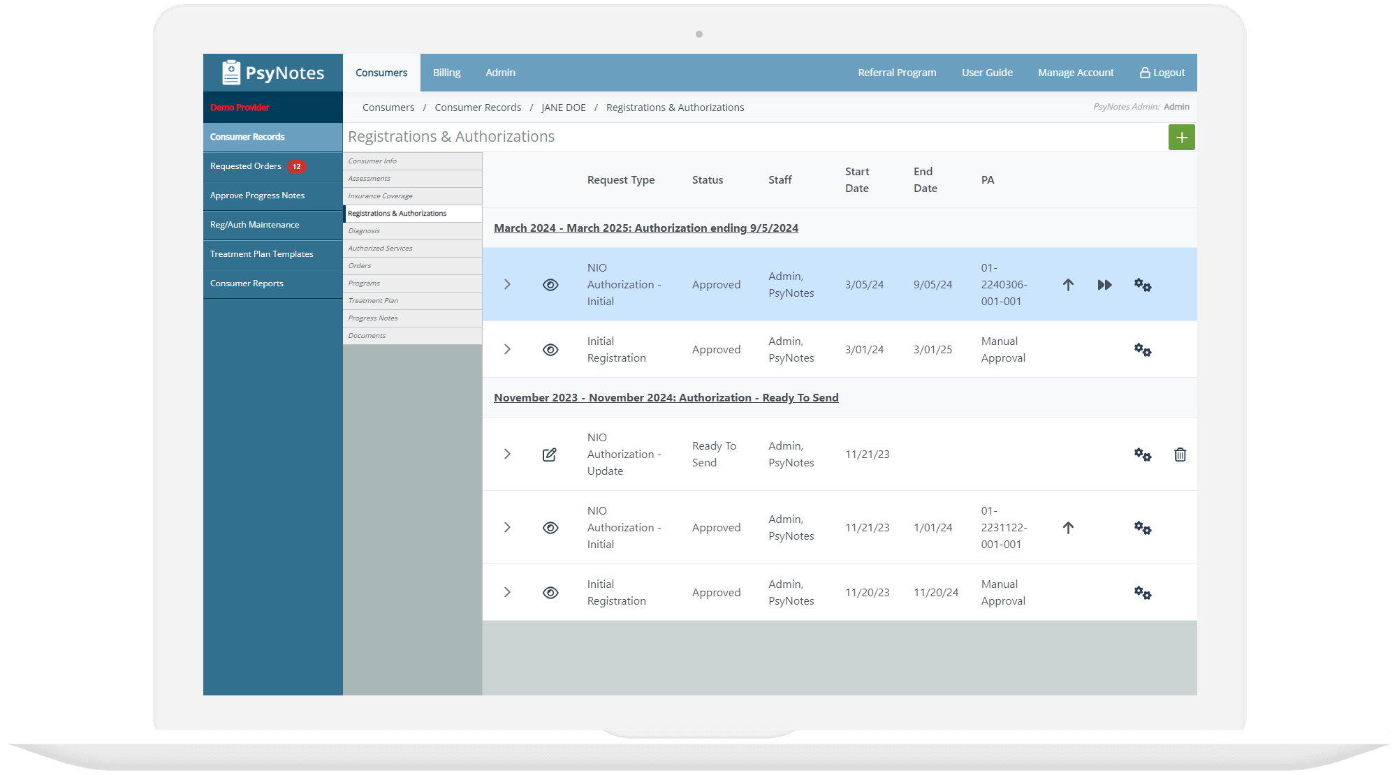 PsyNotes EMR dashboard for Georgia DBHDD mental health and substance abuse providers